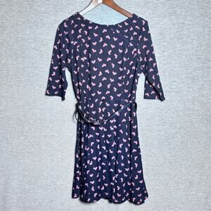 Unique Vintage women's quarter sleeve Heart Patterned Navy and Pink Dress